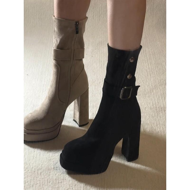 

Retro belt buckle thick-soled heightened western cowboy boots women s small waterproof table thick heel medium boots 40 чёрный