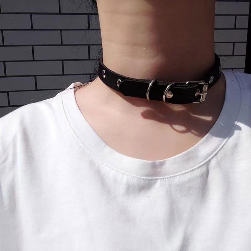 Nightclub Necklace Cosplay Gothic Punk Rock Choker Chain Adjustable PU Leather Collar for Fashionable Youth