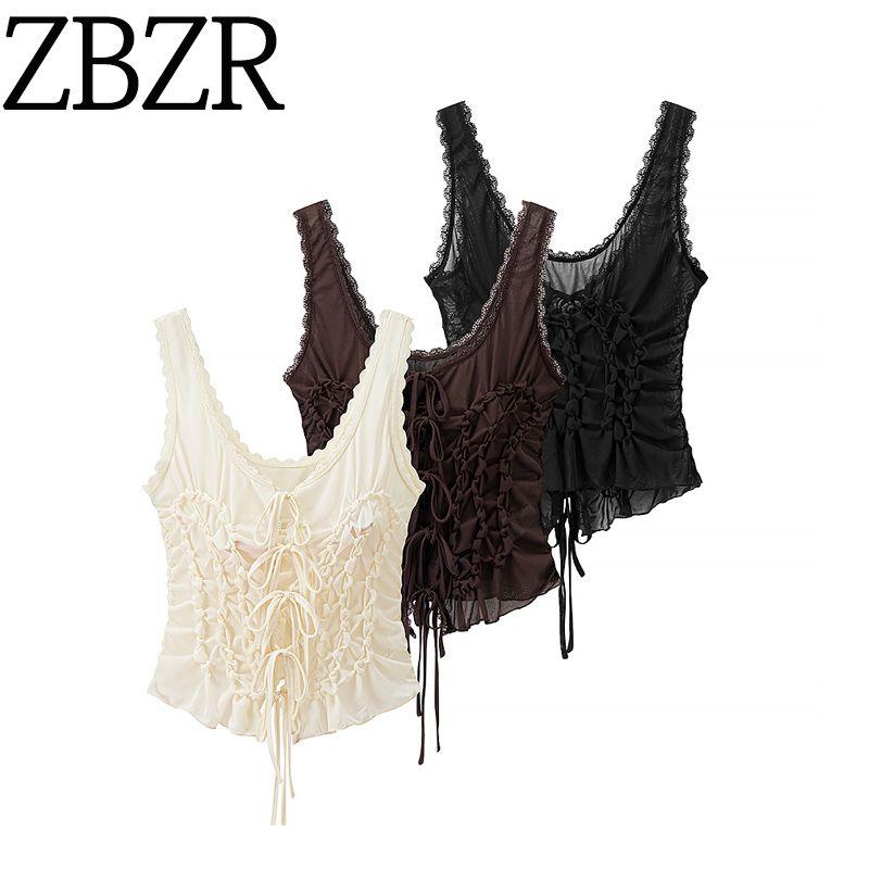 Zbzr Spring New Women clothes Western Style Bowknot Decoration Lace-up Slim fit Sexy Pleat Sling Vest Top