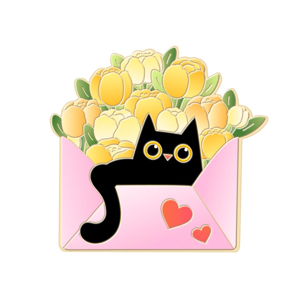 Außenhandel neue Pflanze Blume Katze Brosche Klein Frisch und Niedlich Tier Topfpflanze Schwarze Katze Metallabzeichen Kleines Geschenk