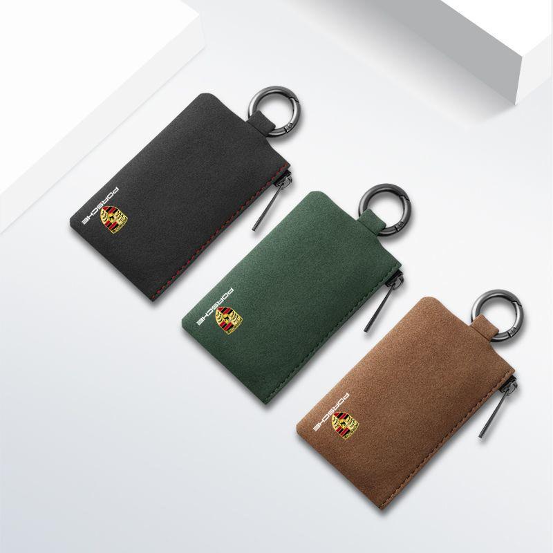 Suede Leather Car Key Case Keyring Storage Bag Accessories For Porsche Cayenne Panamera Macan Boxster Cayman 718 911 Sticker