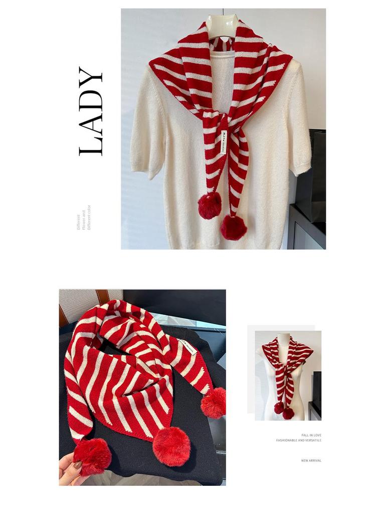 Handmade Red Striped Wool Shawl with Removable Pompon - Cozy & Versatile Christmas Scarf