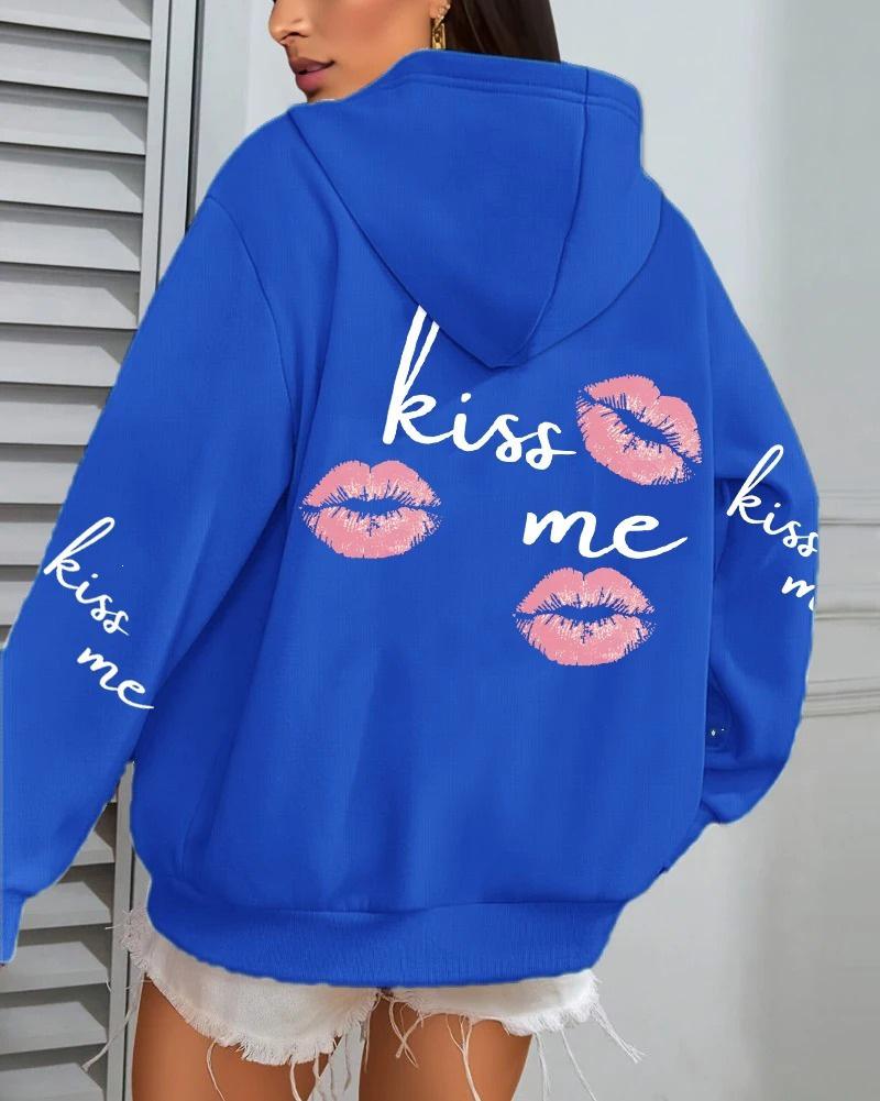 Kiss Me Lip Print Women's Autumn Fleece Hoodie with Pocket