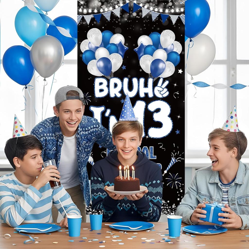 13th Birthday Decorations Door Cover Banner for Teenager Blue White Bruh I'm 13 Backdrop 13 Year Old Bday Background Sign Photo Props for Boys Teen