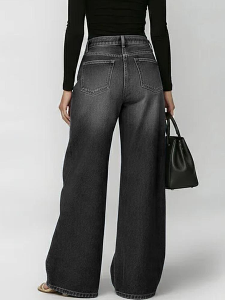 Damen Jeans mit Hoher Taille und Weitem Bein Blaue Denim Goldene Ösen Cutout Dekor Lockerer Schnitt Streetwear Lässig Y2K Denim Hose