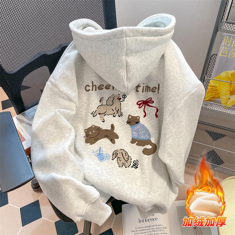 Autumn and winter new women's American heavy-duty fleece thickened hooded sweater men's fashion loose student couple coat