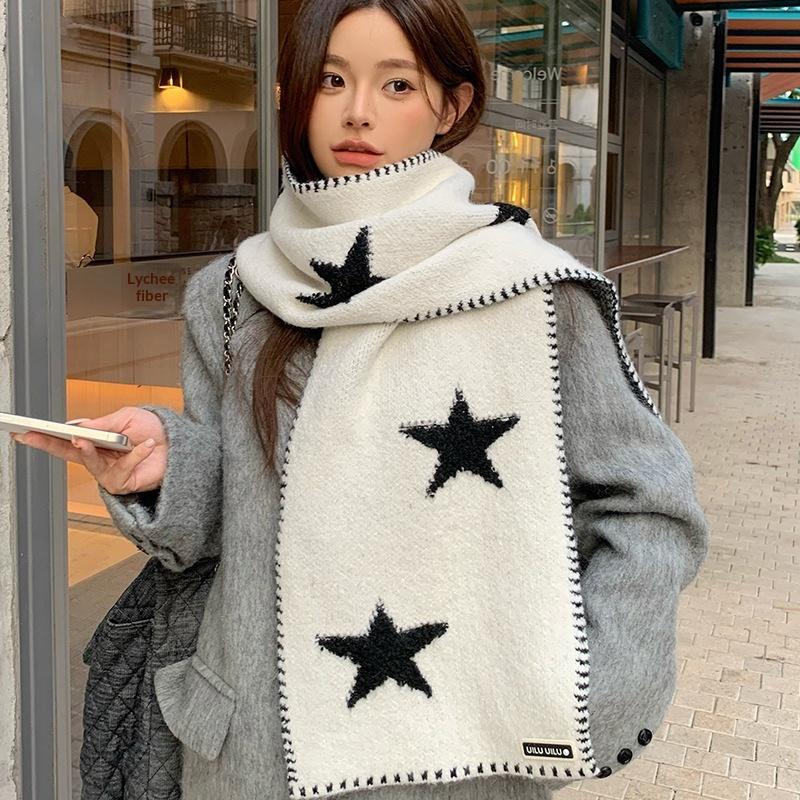 Autumn And Winter Star Print Scarf Women Thickened Warmth Korean Wrap Shawl Versatile Knitted Scarf