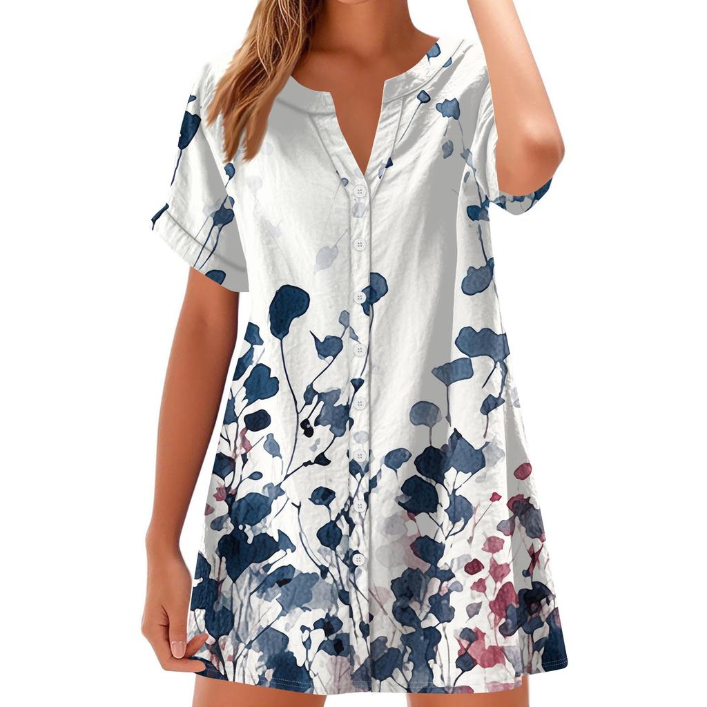Women Fashion Casual V-neck Short Sleeve Button Retro Floral Print Dress