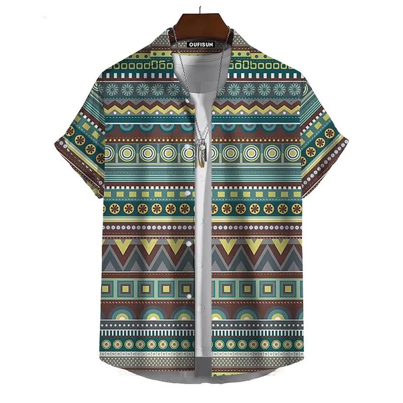 Vintage Hawaiian Shirts For Men Ethnic Pattern Print Lapel Blouse Fashion Casual Womens Clothes Short Sleeve Tees Tops