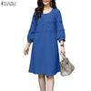 Women Casual Round Neck 3/4 Sleeve Loose Splice Dress