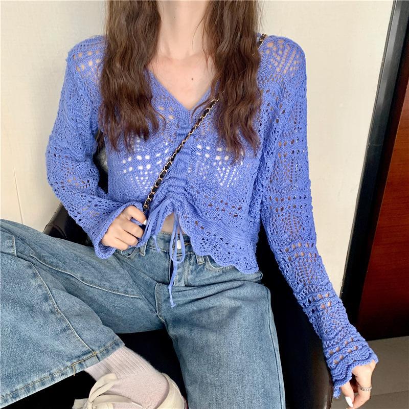 Women's Hollowed Out Thin Top Summer Drawstring V-neck Sun Resistant Long Sleeved Knitted Sweater for Women