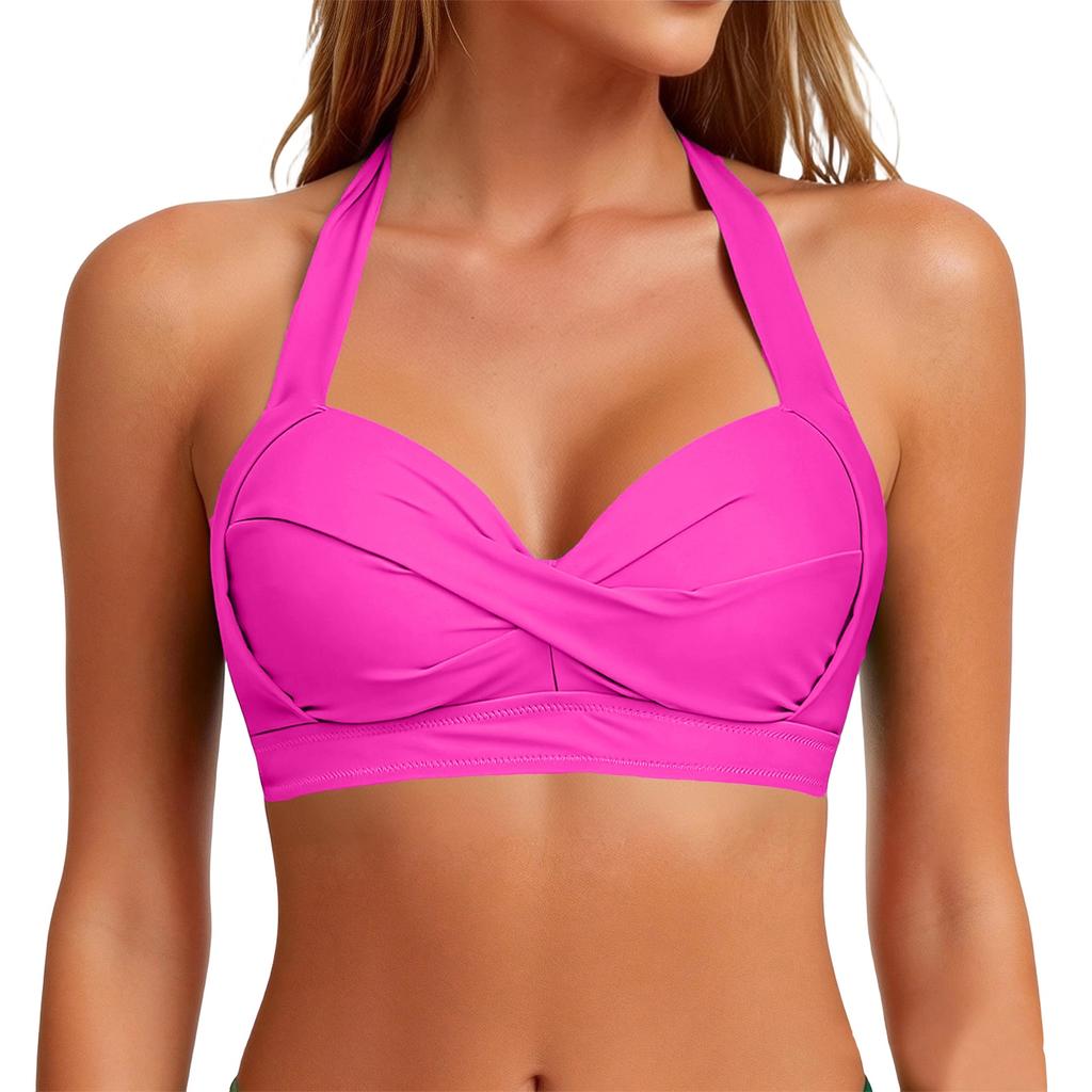 Women Neck Bikini Top Front Padded Swimwear Adjustable Back Strap Supportive Bathing Suit Top