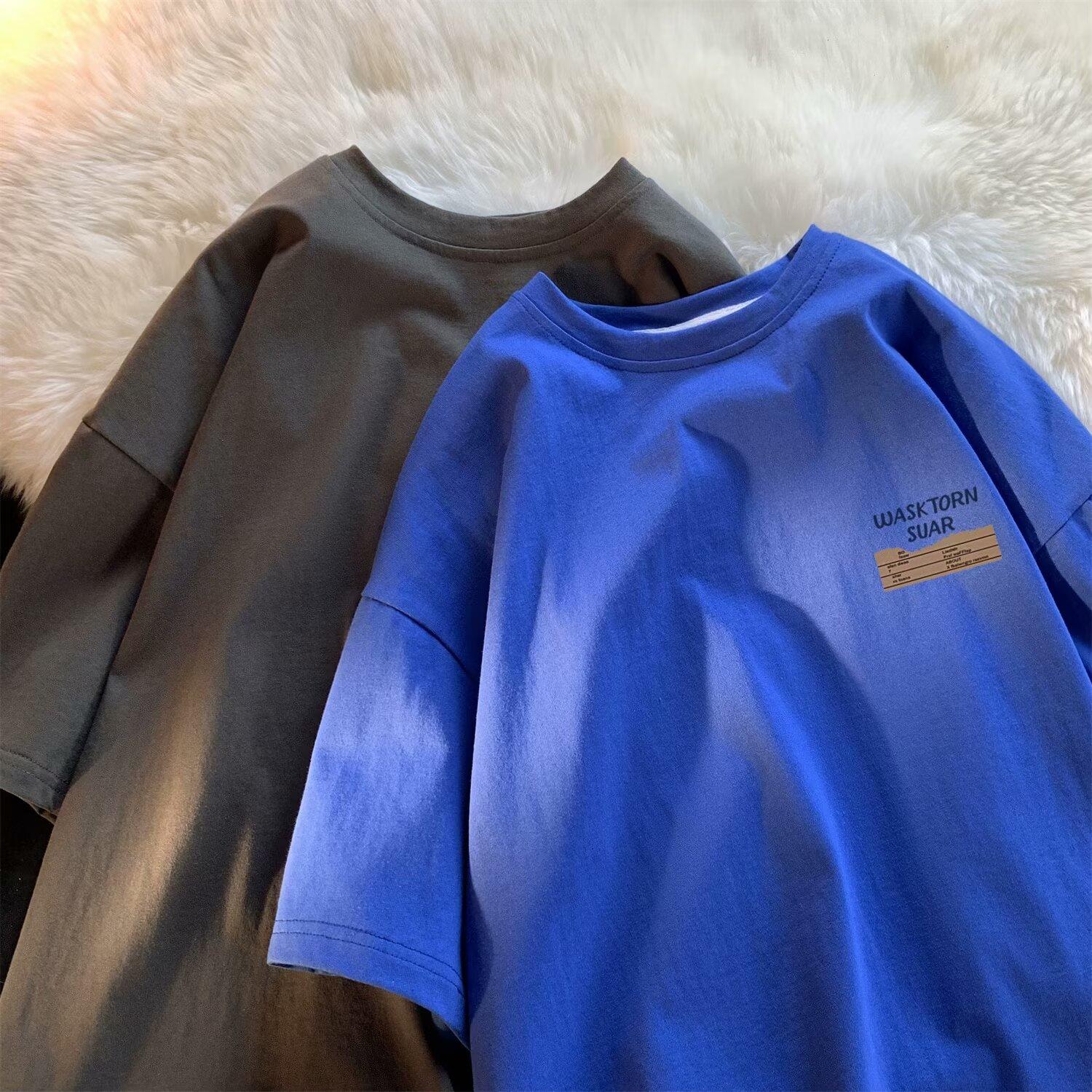 

Новая футболка с коротким рукавом, мужская летняя футболка в корейском стиле, модный простой топ с коротким рукавом, свободная повседневная футболка в гонконгском стиле 8XL синий