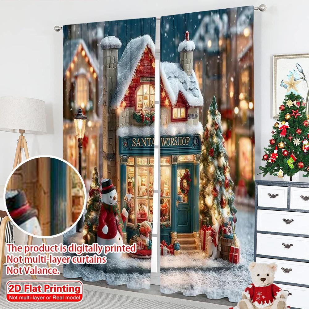 2pcs 2D flat printing Merry Christmas Party Curtains Christmas toy store Fabric Without Electricity Family Party for Holiday