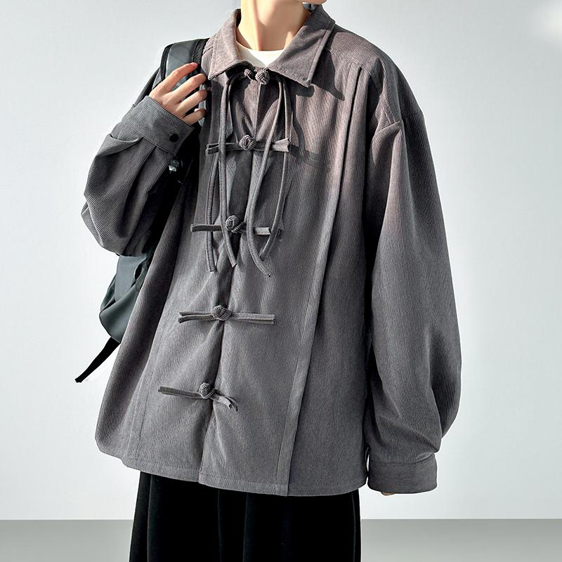 

2025 Men Retro Chinese Style Corduroy Shirt Men Frog Buttons Shirts Men s Traditional Stand Collar Button-Up Shirt Vintage Tops 4XL темно-сірий колір