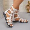 [Goldene Römersandalen] Goldene Metallnieten Damen Schwarze Römersandalen aus Kunstleder | Offene Zehenpartie, Schnürdesign, Gummisohle, Ganzjahres-Tragekomfort, Damensandalen