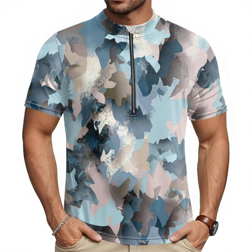Men's Short Sleeve Cycling Jersey Breathable Quick Dry Half Zip Round Neck Printed Sports Shirt Lightweight Performance Top for Biking