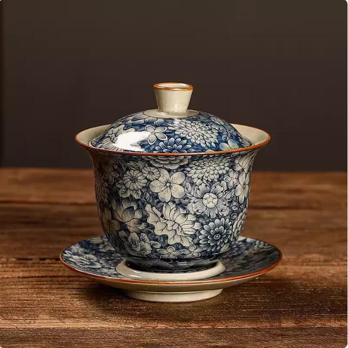Ru Kiln Blue and White Ceramics Three Talent Bowl Household Chinese style tea bowl Retro tea maker teacup 1pcs