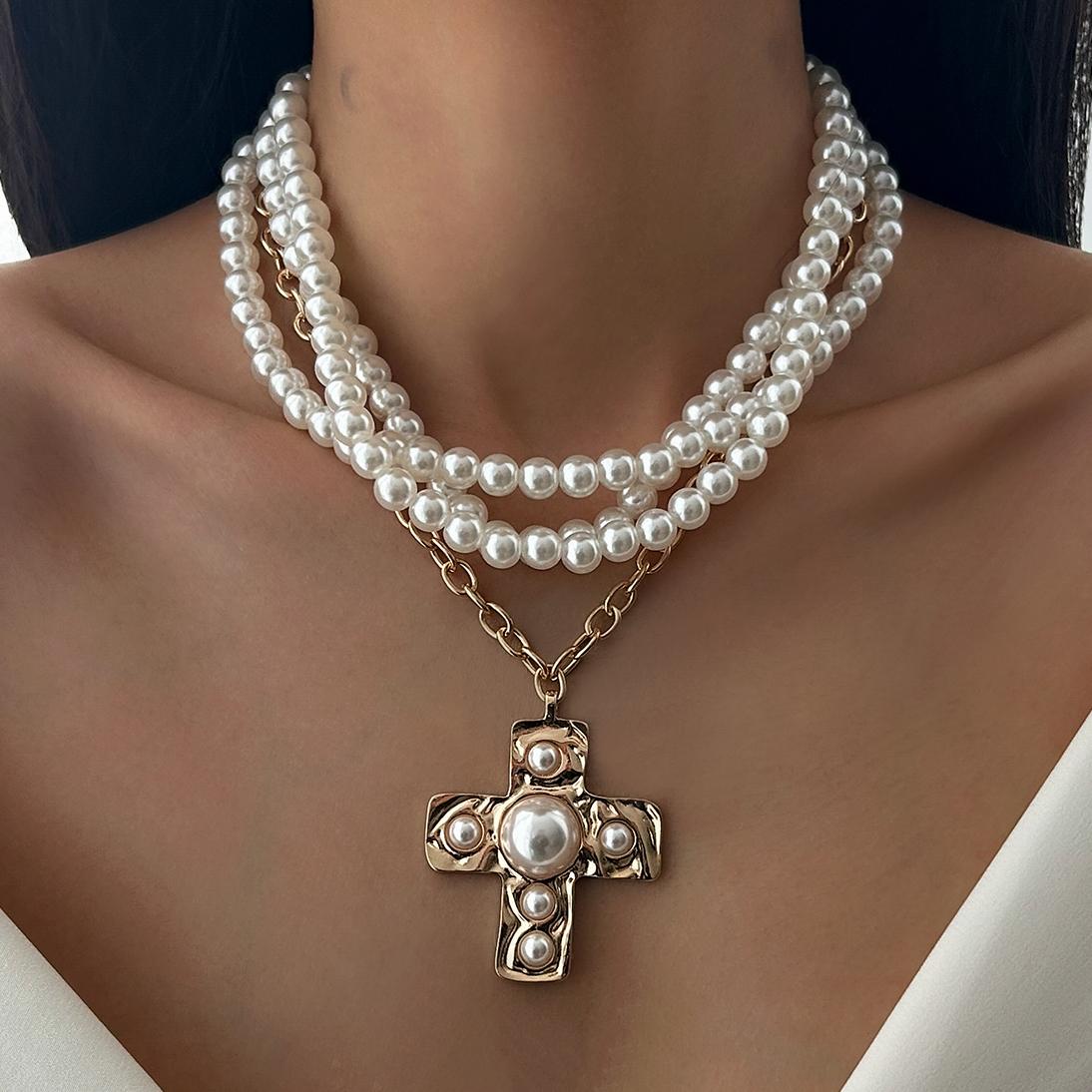 

Ingemark Multilayer Imitation Pearl Chain Necklace Women Trendy 2026 Goth Big Jesus Cross Pendant Choker New Year Jewelry Gift