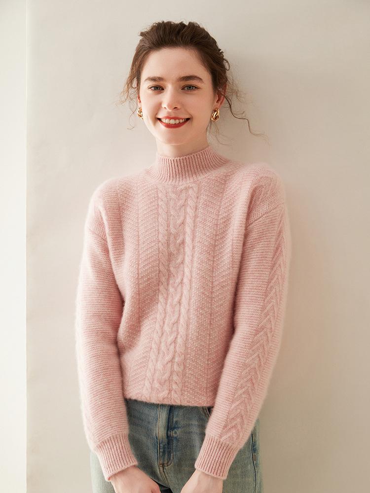 Women's Soft Cashmere Cable Knitwear - Semi-High Neck, Thickened for Autumn/Winter, Can Be Worn Alone or as a Commuting Base Layer