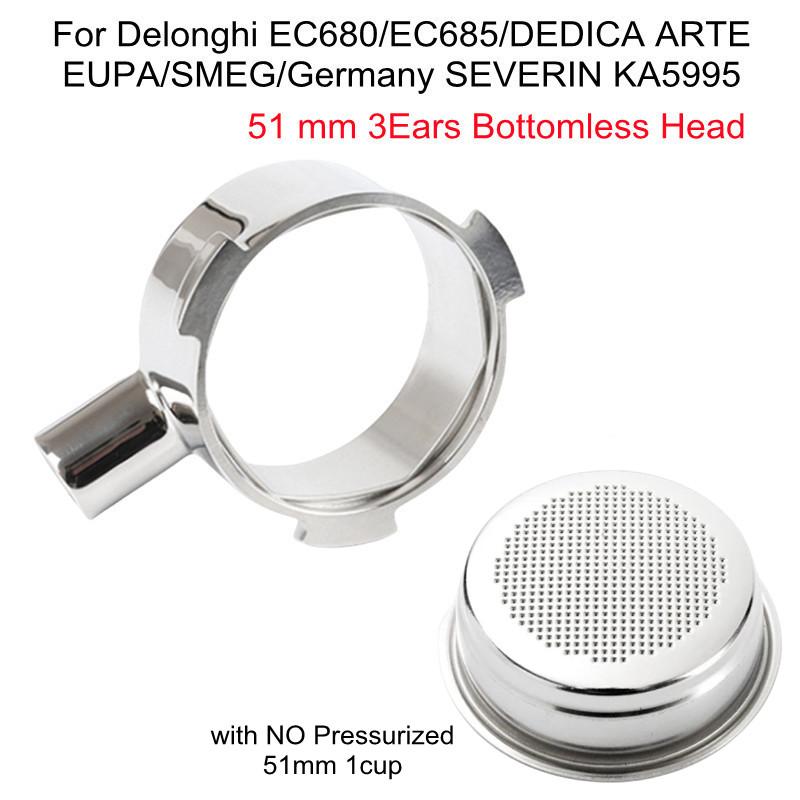

51mm Bottomless Portafilter Head with Pressurized 1 2 Cup Filter Basket for Delonghi EC680 EC685 DEDICA ARTE Coffee Machine 51mm 3 Ears Head