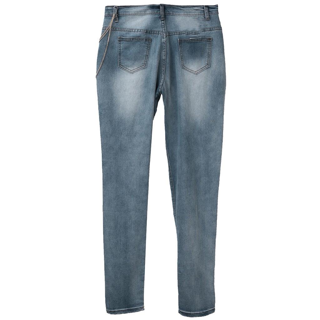 Fashion Women Solid Slim Denim Ripped Chain Big Hole Jeans Trousers Pencil Pants