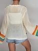 Ethnic Retro Crochet Rainbow Cardigan: Handmade Color Block Long Sleeve Knit Top