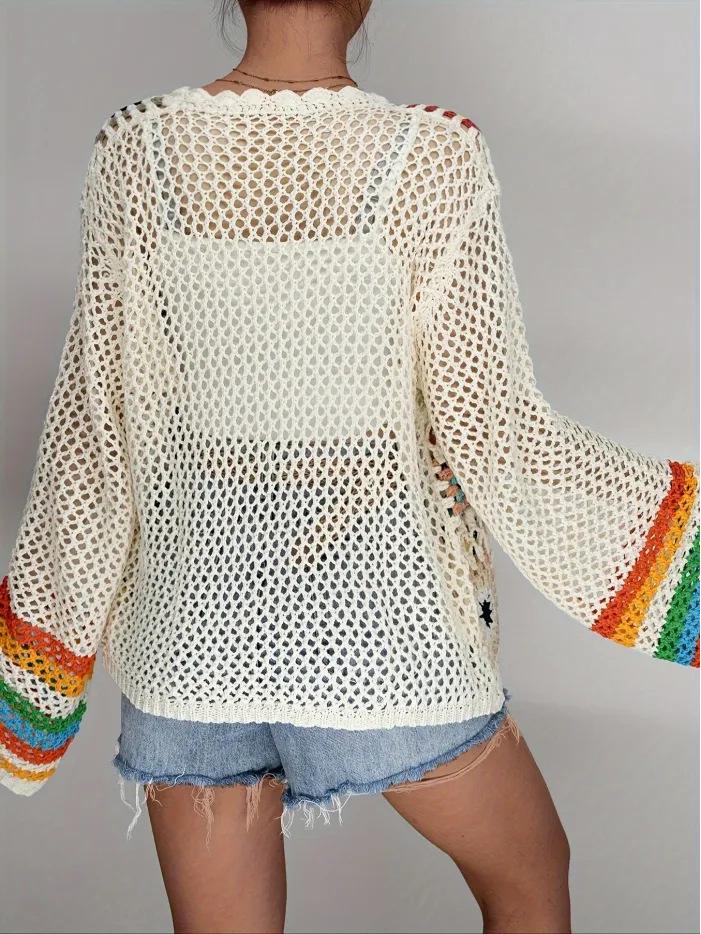 Ethnic Retro Crochet Rainbow Cardigan: Handmade Color Block Long Sleeve Knit Top