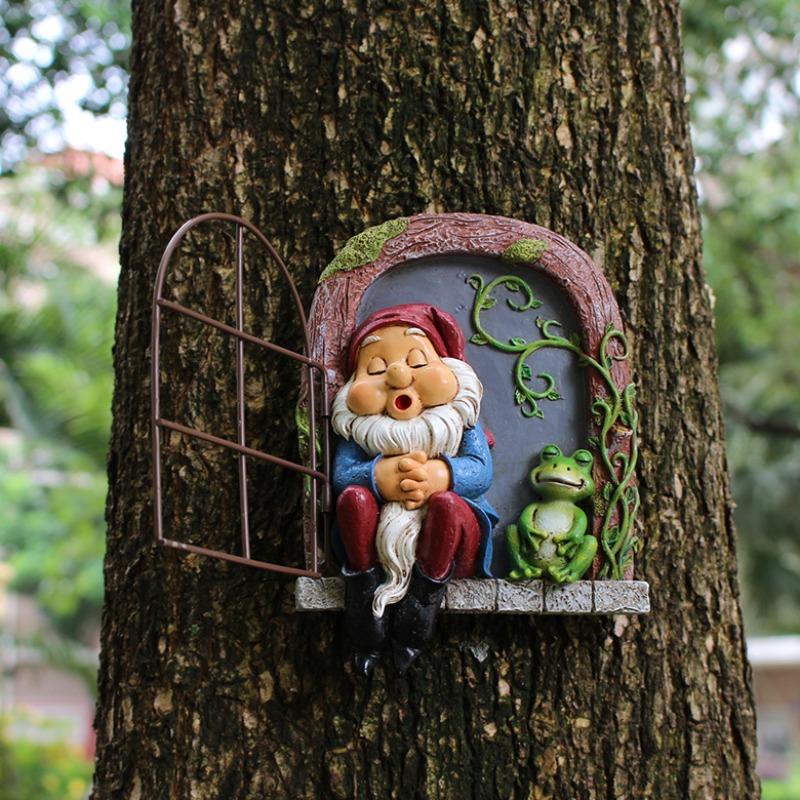 Schlafender Zwerg und Frosch Wandhänger, Kreative kleine Außen-Gartenstatuen, Baumhänger, Hängende Harzornamente