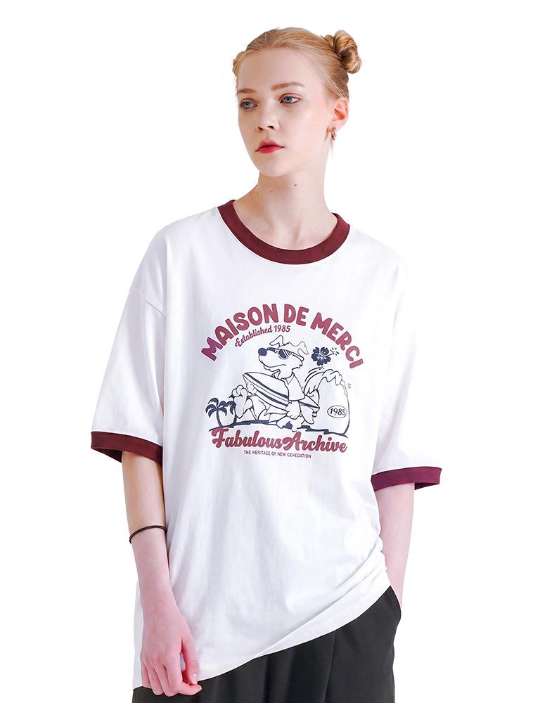 LA MAISON STUDIO Unisex Oversized Puppy Surfing Ringer Short Sleeve T-Shirt White Dark Red (Fce2Ts401M)