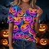 Women's Casual V Neck Short Sleeve Button Front T Shirt Halloween Themed Graphic Print Top Lightweight Comfortable Fit