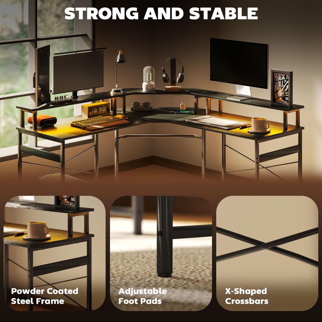 L Shaped Work Desk With LED Lights Black