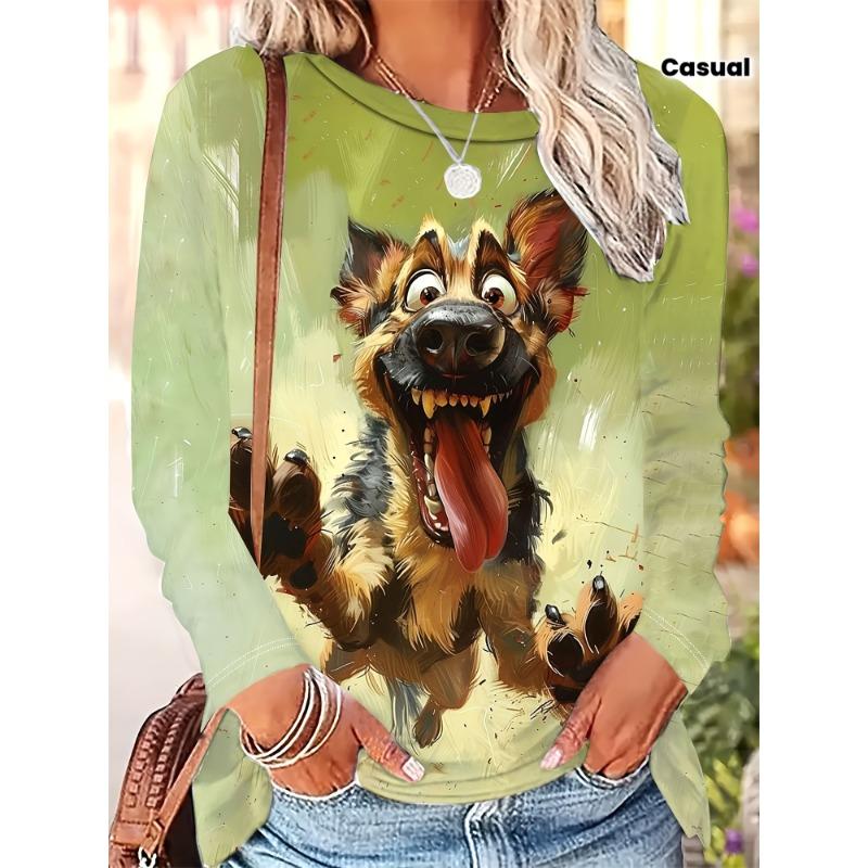 Women's Dog Fun T-Shirt Long Sleeve T-Shirt 3D Printed Round Neck Shirt Designer Retro Street Casual Daily Spring and Autumn Clothing S-XXL