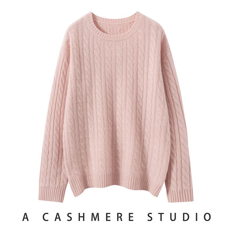 Damen-Farbblock-Kaschmirpullover - Herbst/Winter 2025: Dick, Locker, Rundhals, Zopfmuster, Schlankmachend, Lässiger Stil