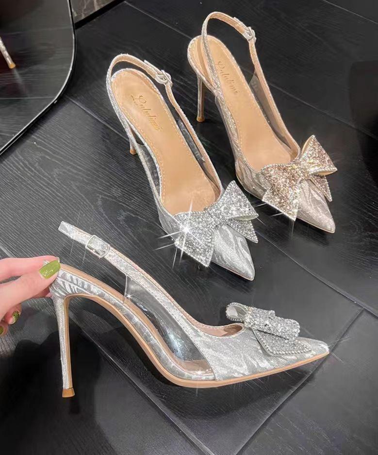 

Thin heel pointed head bag head autumn bride shoes fashion European and American rhinestones bridesmaid high heels sandals new crystal wedding shoes 42