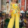 Top Retro Autunnale con Scollo a V e Stampa Artistica a Maniche Lunghe da Donna