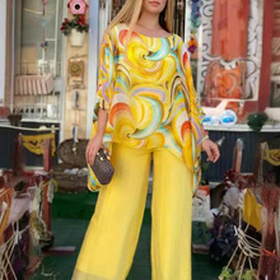 Top Retro Autunnale con Scollo a V e Stampa Artistica a Maniche Lunghe da Donna