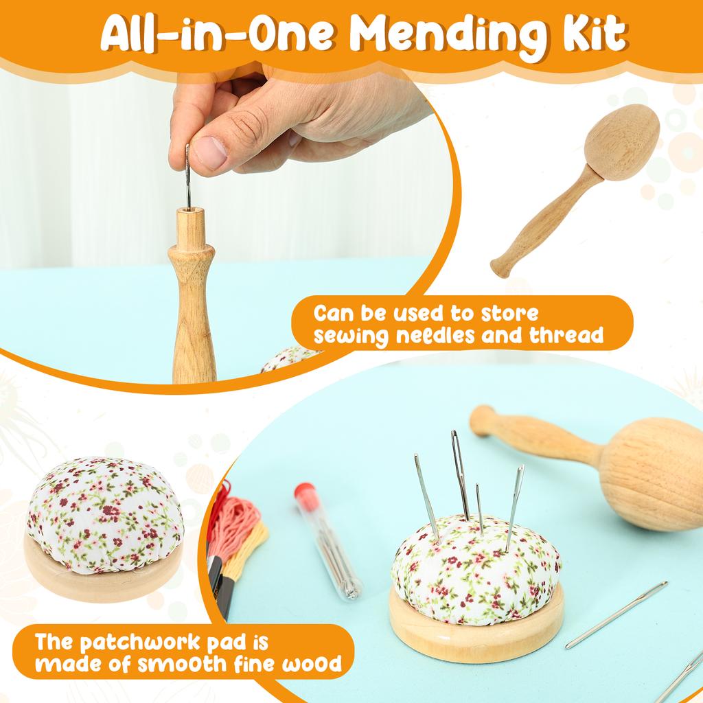 1Set Wood Darning Supplies Kit Darning Egg/Mushroom Weaving Tool Set with Threads Needle Small Patch Sewing Tool Patchwork Tools