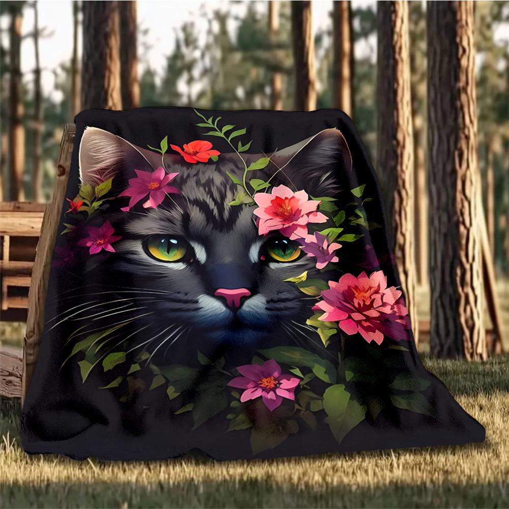1pc Floral Cat Artwork Outdoor Soft Polyester Flannel Throw Blanket Versatile for All Seasons , Soft , Cozy , Warm All Season Quilted Throw ,