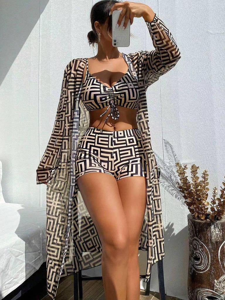 2026 Plaid Print Long Sleeve Sun Protection Three-Piece Swimsuit for Women