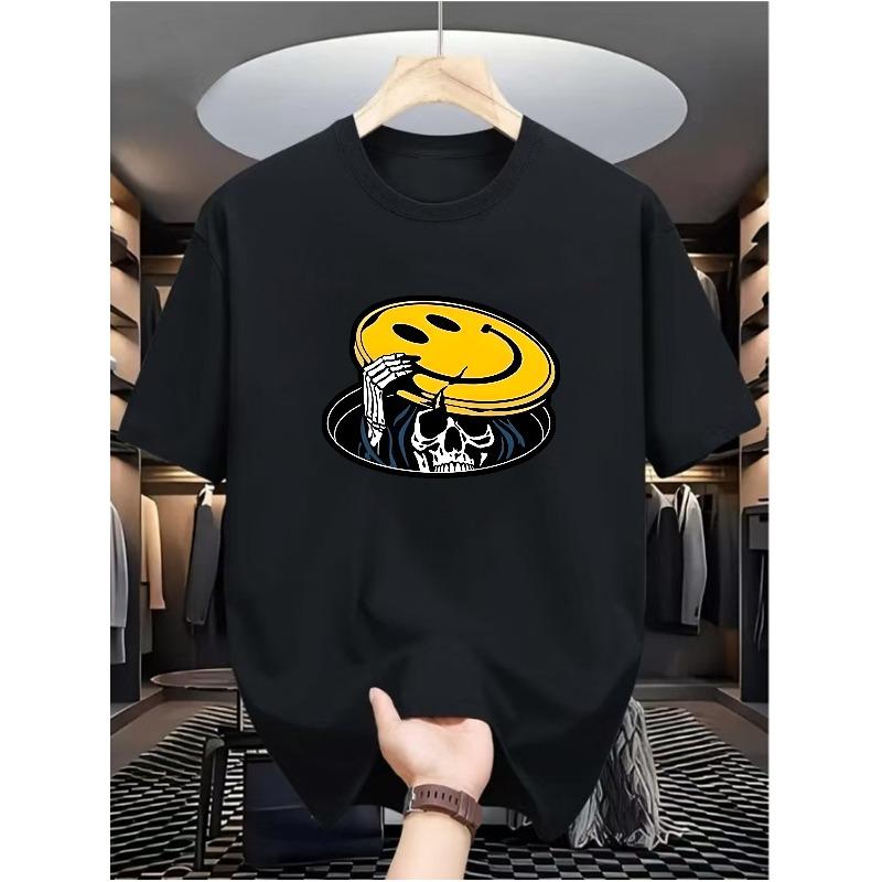 European Sizes Smiling Skull Men's Casual Digital Print T-Shirt - Crew Neck, Short Sleeve, Street Hip-Hop Style, Summer Fashion Trend, Sporty Style