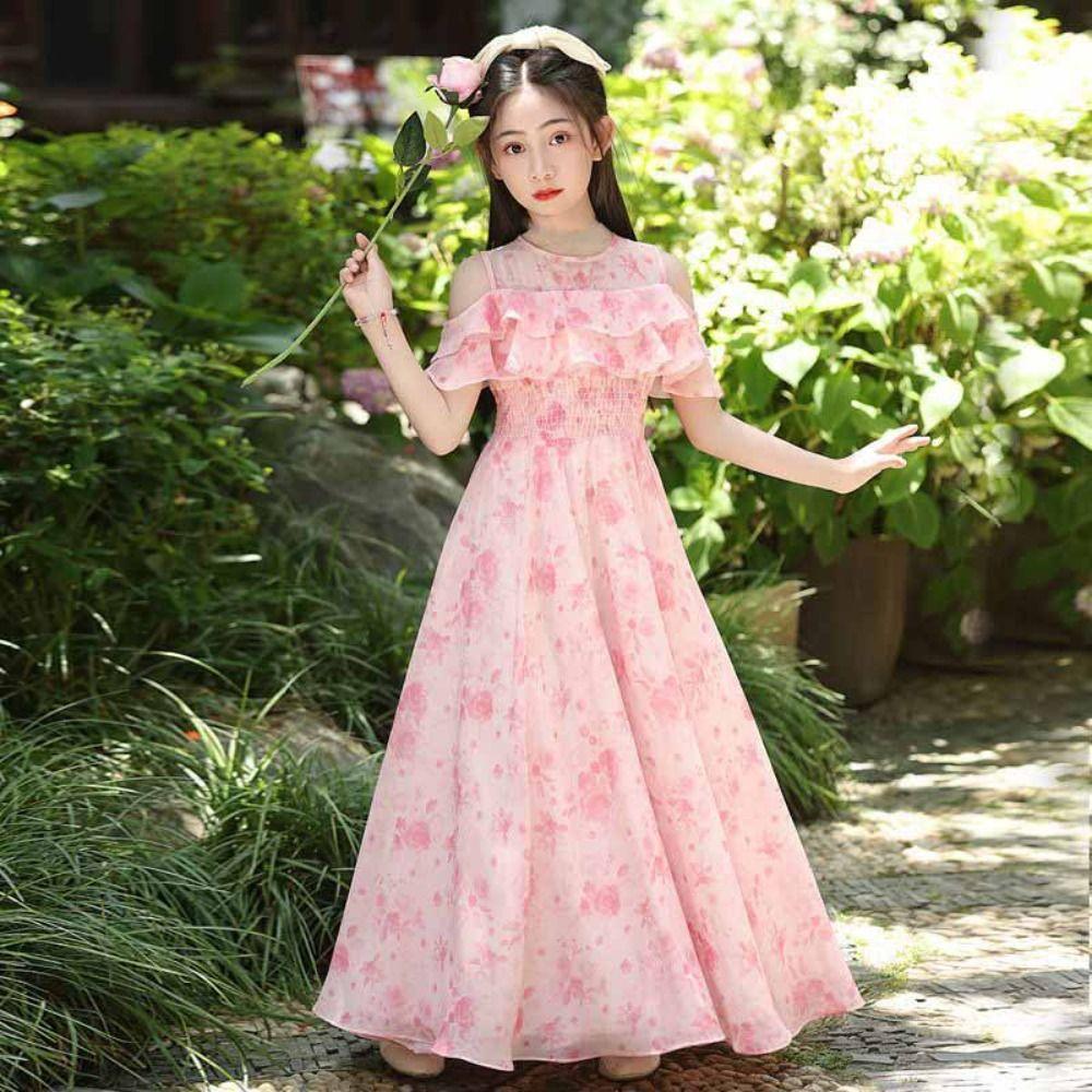 Loose Girls Chiffon Floral Dress Teenagers Children Princess Dress Summer Kids Dresses  Holiday