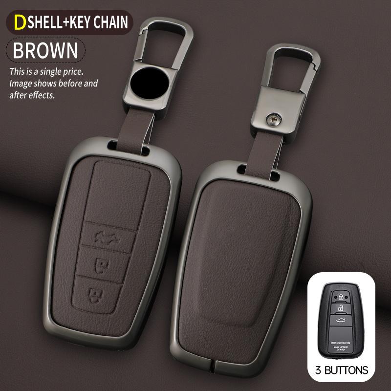 Car Zinc Alloy Leather Key Cases Holder Cover Chain For Toyota Prado Land Cruiser Camry CHR RAV4 3Buttons Protective Shell Bag