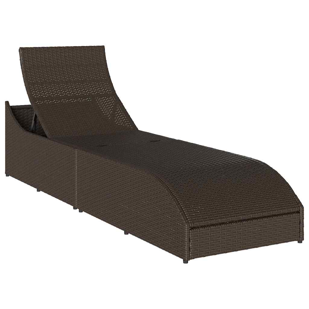 Folding Sun Lounger with Cushion and Storage Space Brown Poly Rattan