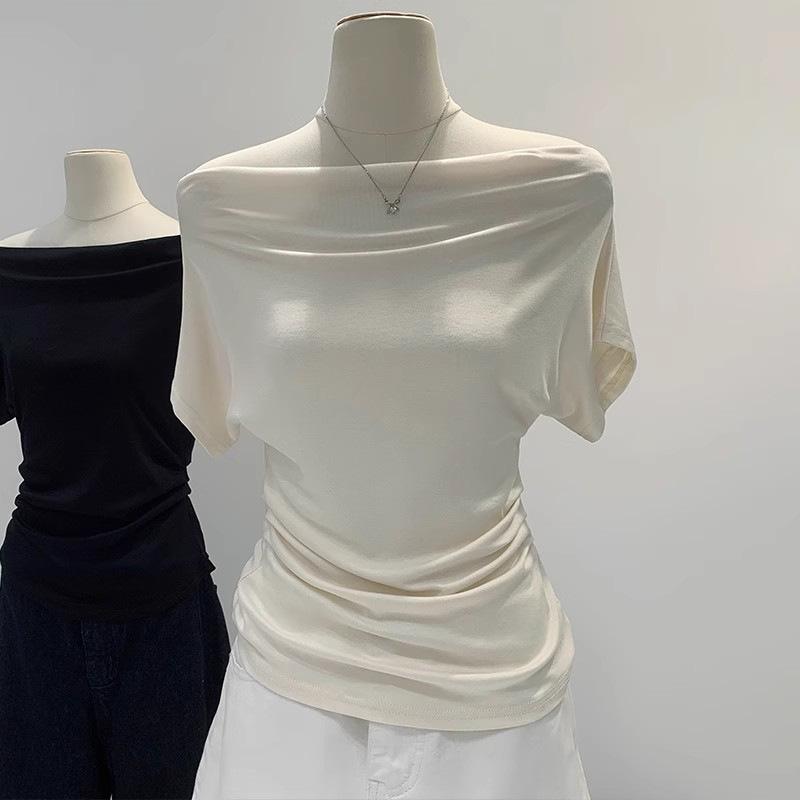 Women's French White Off-the-Shoulder Short-Sleeve T-Shirt - Unique Summer Style.