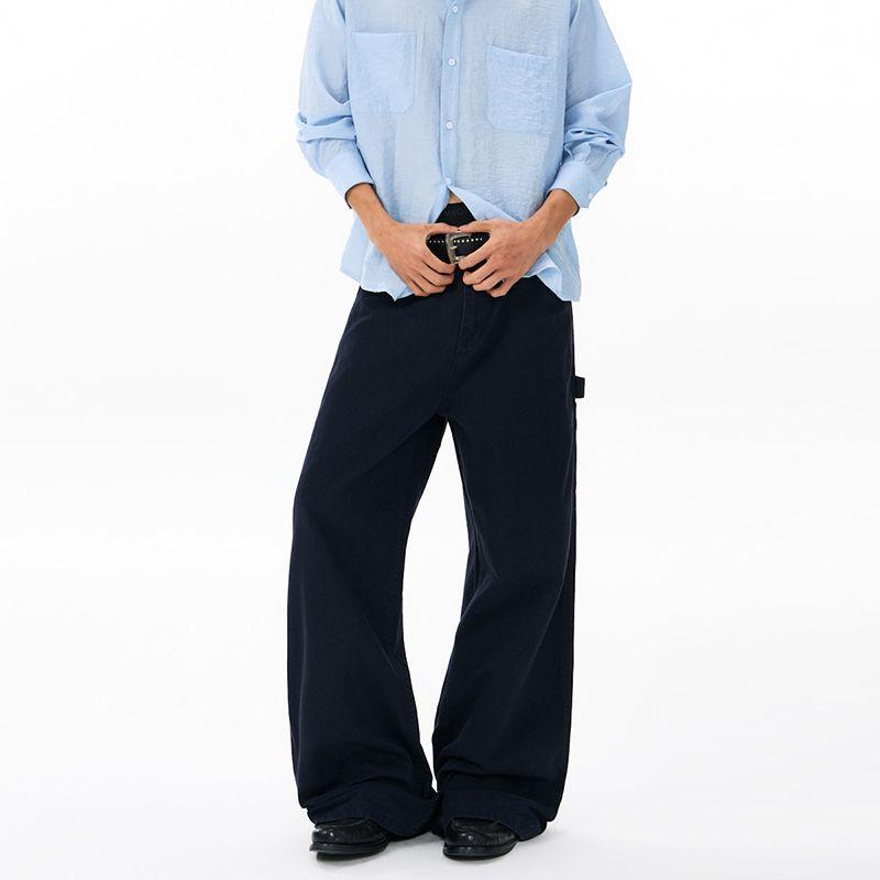 American Retro Trendy Brand Washed Logging Overalls Men's Trend Solid Color Loose Wide-leg Straight Casual Long Pants