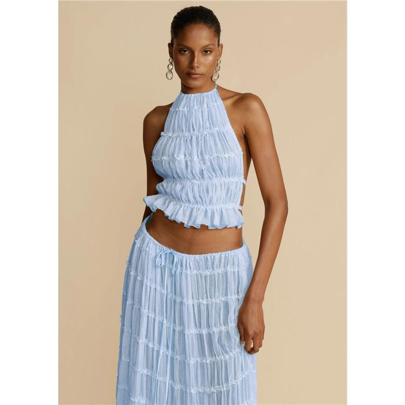 Damen Neuer einfarbiger 2-teiliger lässiger Neckholder-Tragekomfort Mehr Sommer Ärmellos Locker Urlaub Damen Rockanzug