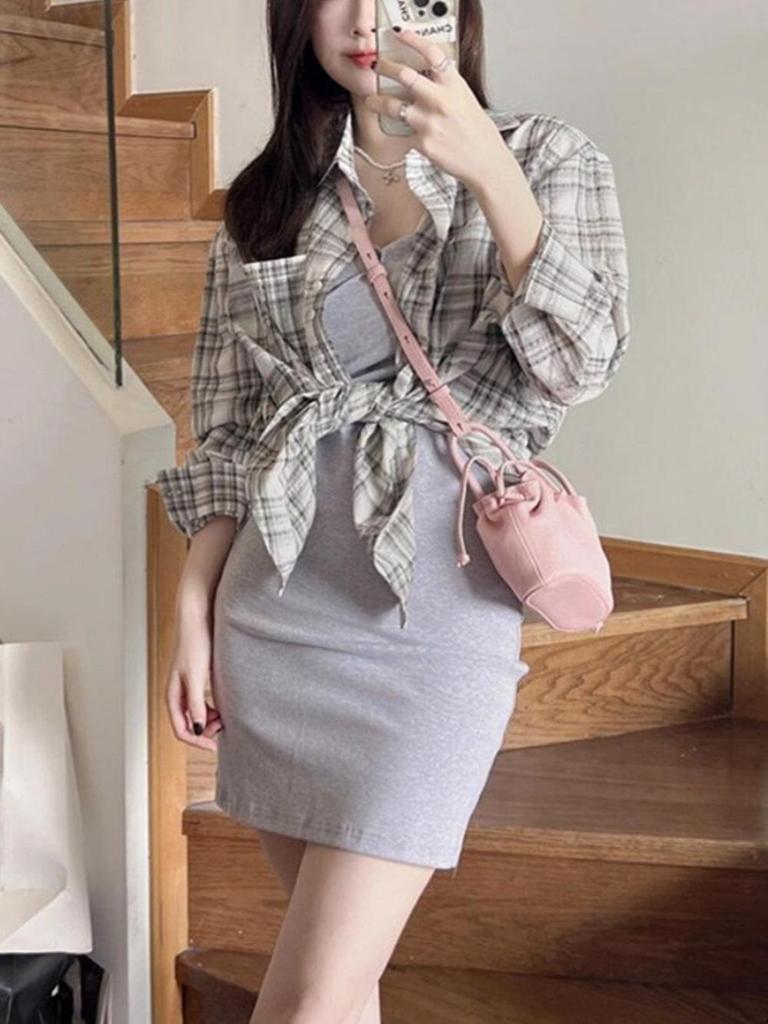 Women's Gray Plaid Summer Sun Protection Cardigan - Korean Style Loose Fit Shirt Jacket