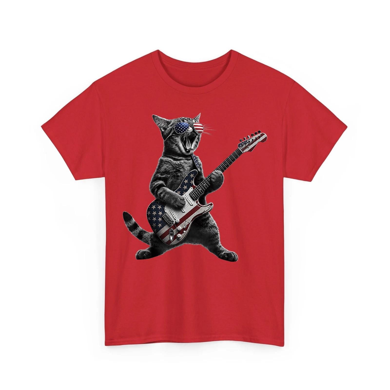 Funny Cat Guitar Rock On Patriotic 4th Of July American Flag Unisex T-Shirt XXXXL