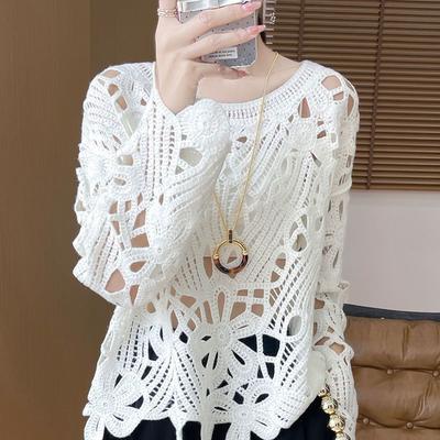 Hollow Out Crochet Patchwork Embroidered Sweater for Women Round Neck Knitted Lace Embroidered Sweater Loose Outer Layer for Autumn and Winter